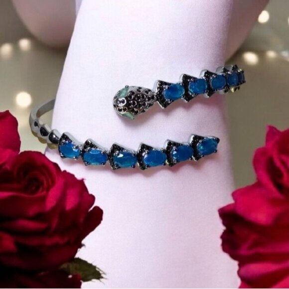 Natural Blue Opal, Emerald & Spinel 925 Sterling Silver Snake Bangle Bracelet - Picture 7 of 7